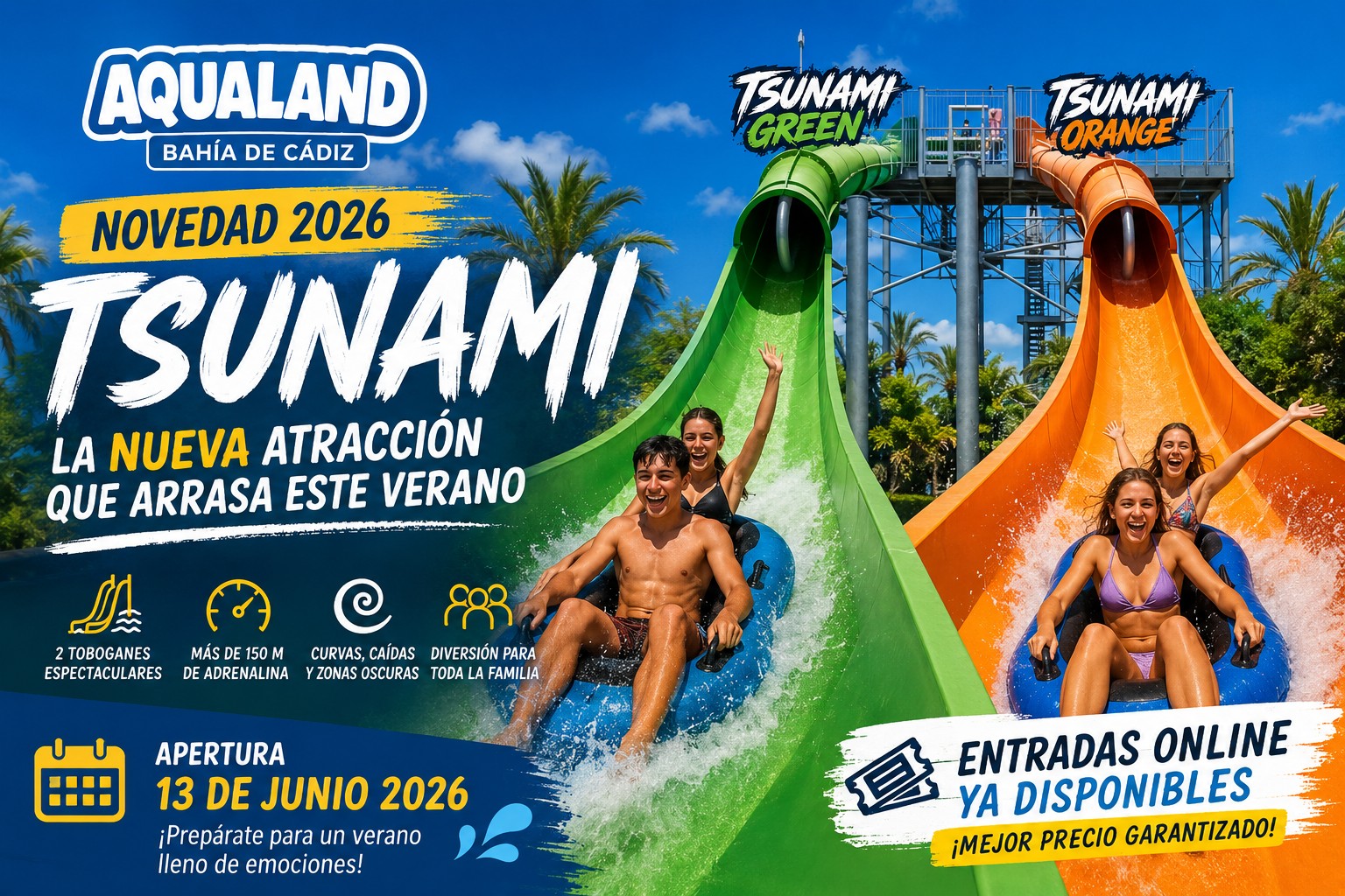 Aqualand Bahía de Cádiz estrena “Tsunami”: la gran novedad acuática del verano 2026