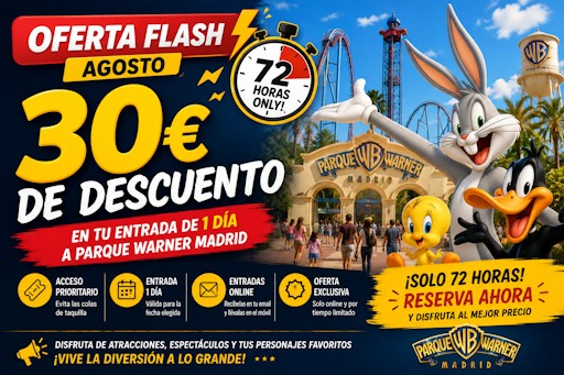 Oferta Flash Agosto en Parque Warner Madrid: 30 € de descuento durante solo 72 horas
